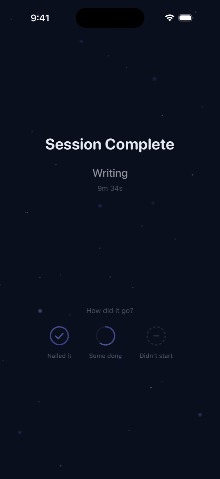 Drift's session-complete screen asking 'How did it go?' with three choices: Nailed it, Some done, Didn't start