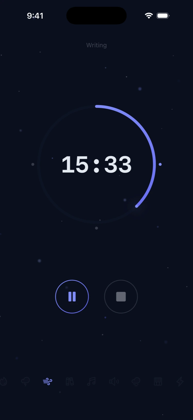 A running Drift session: the timer ring counting down from 15:33 with pause and stop controls and soundscape choices